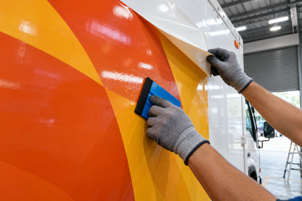 Tangan bersarung menekan panel vinyl pada sisi kotak lori dengan squeegee