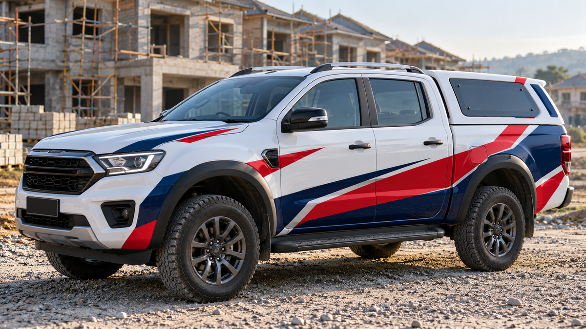 Pickup 4x4 dengan sticker jalur biru tua dan merah pada pintu dan canopy, di tapak pembinaan